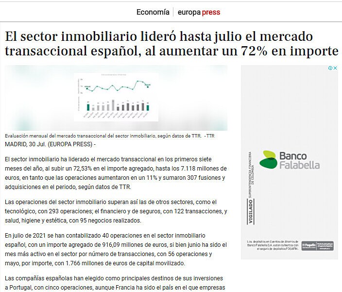 El inmobiliario lider hasta julio el mercado transaccional, al aumentar un 72% su importe, segn TTR